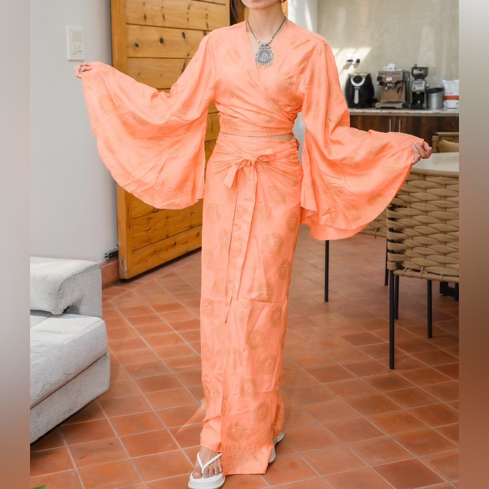 Wrap Around Wide Legged Pant and Butterfly Sleeves Open Front Top Set